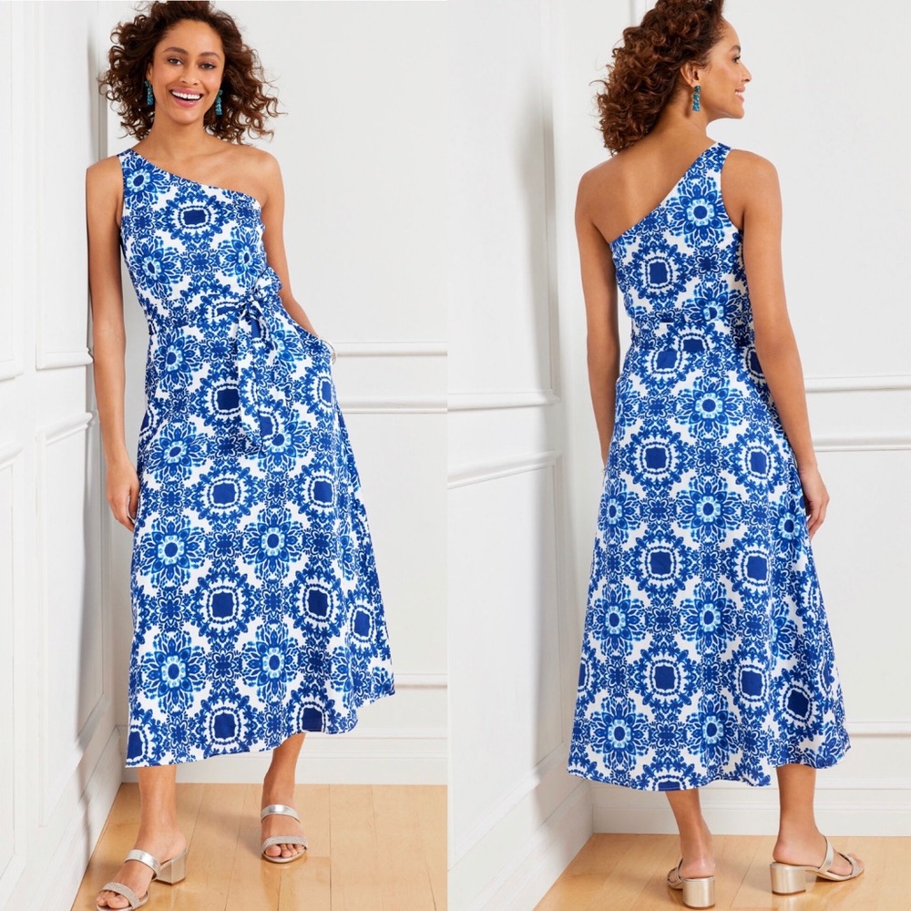 NWT Talbots ONE-SHOULDER SATEEN DRESS - SHIBORI MEDALLIONS